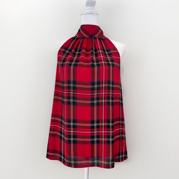 J Crew Size 2 Small Festive Red Holiday Tartanplaid  Bow Neck Top Halter Office - Picture 1 of 9